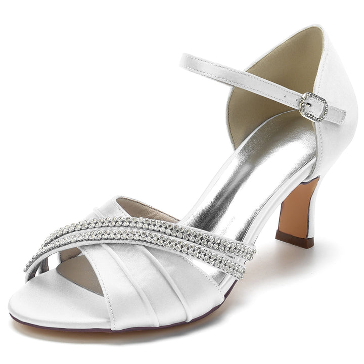 Chaussures de Mariage pour Femmes, Chaussures de Mariée Rondes à Lanières en Cristal, Bout Ouvert, Talon Moyen