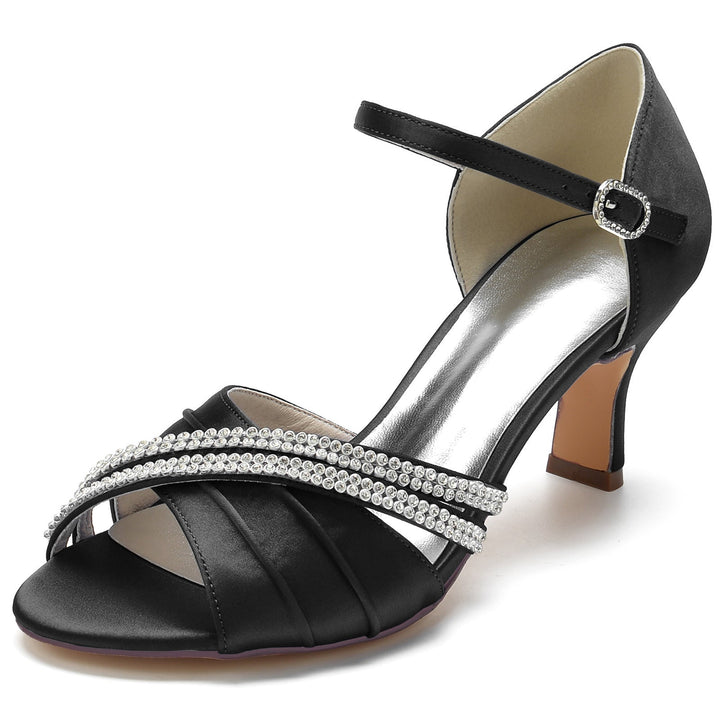 Chaussures de Mariage pour Femmes, Chaussures de Mariée Rondes à Lanières en Cristal, Bout Ouvert, Talon Moyen