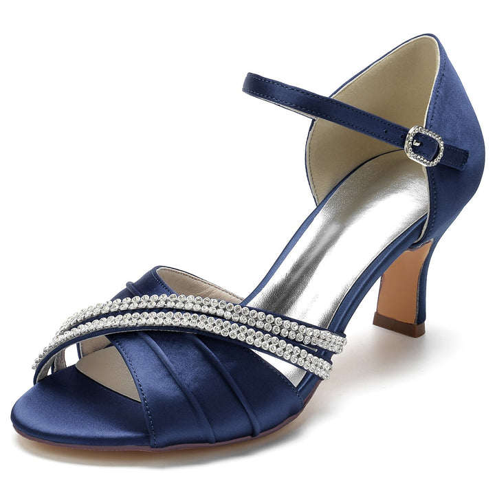 Chaussures de Mariage pour Femmes, Chaussures de Mariée Rondes à Lanières en Cristal, Bout Ouvert, Talon Moyen