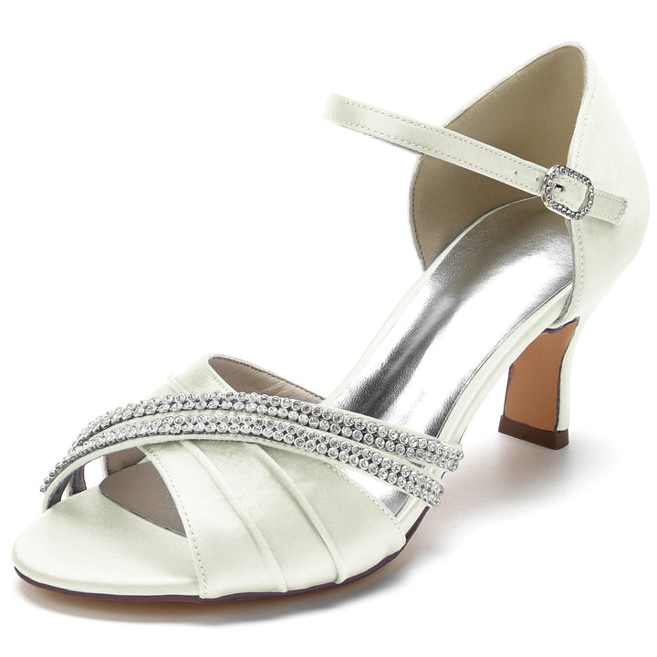 Chaussures de Mariage pour Femmes, Chaussures de Mariée Rondes à Lanières en Cristal, Bout Ouvert, Talon Moyen