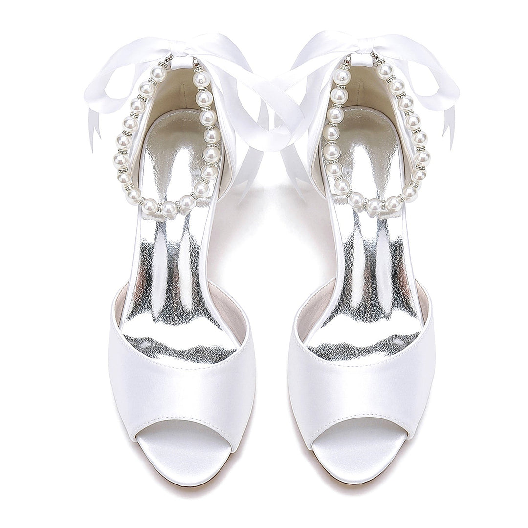 Chaussures de Mariage pour Femmes à Bout Ouvert et Talon Mi-Haut avec Perles