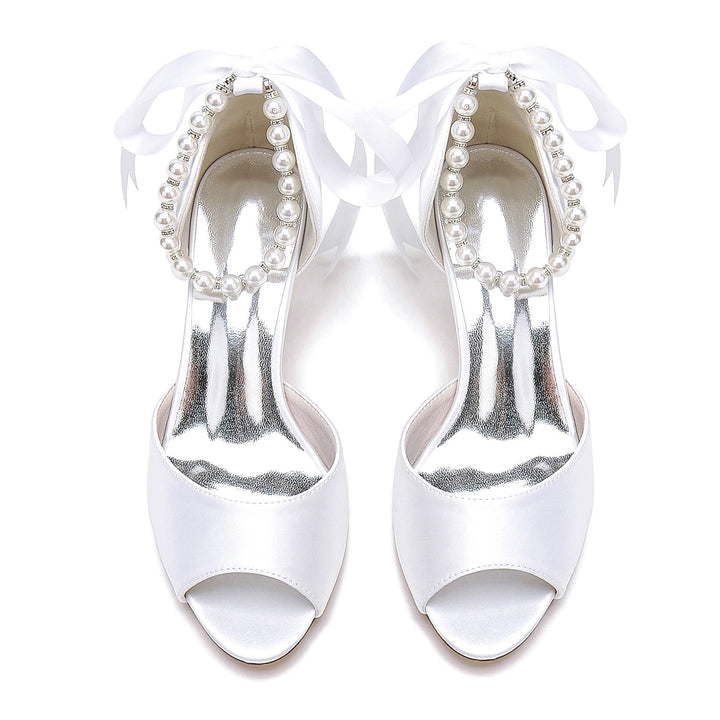Chaussures de Mariage pour Femmes à Bout Ouvert et Talon Mi-Haut avec Perles