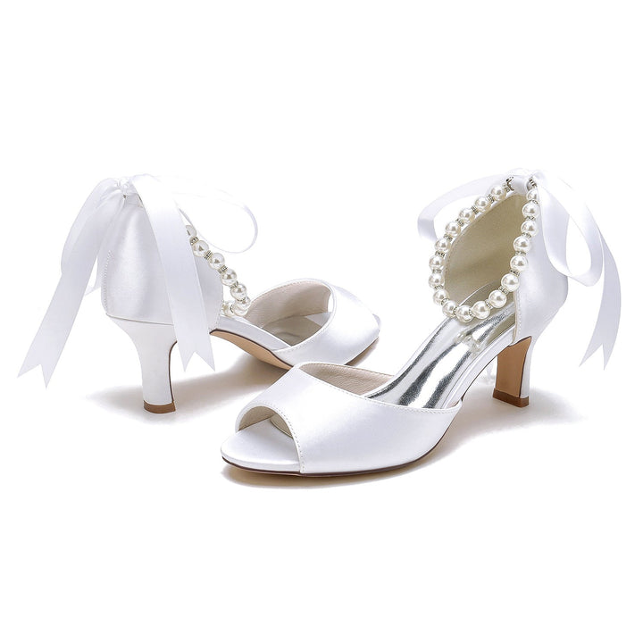 Chaussures de Mariage pour Femmes à Bout Ouvert et Talon Mi-Haut avec Perles