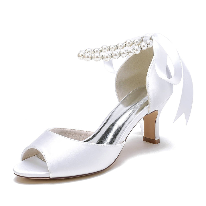 Chaussures de Mariage pour Femmes à Bout Ouvert et Talon Mi-Haut avec Perles