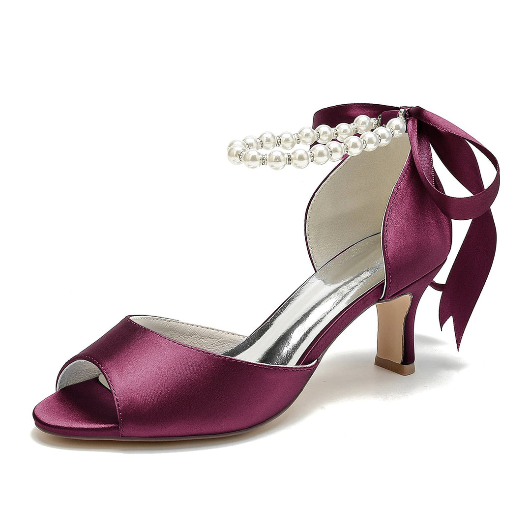 Chaussures de Mariage pour Femmes à Bout Ouvert et Talon Mi-Haut avec Perles
