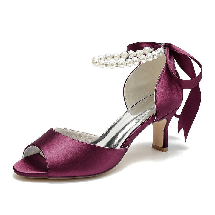 Chaussures de Mariage pour Femmes à Bout Ouvert et Talon Mi-Haut avec Perles