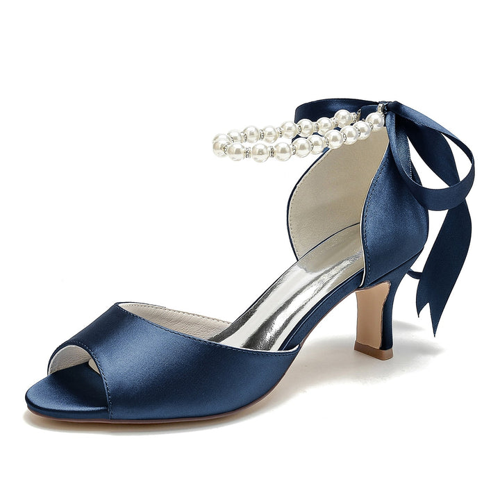Chaussures de Mariage pour Femmes à Bout Ouvert et Talon Mi-Haut avec Perles
