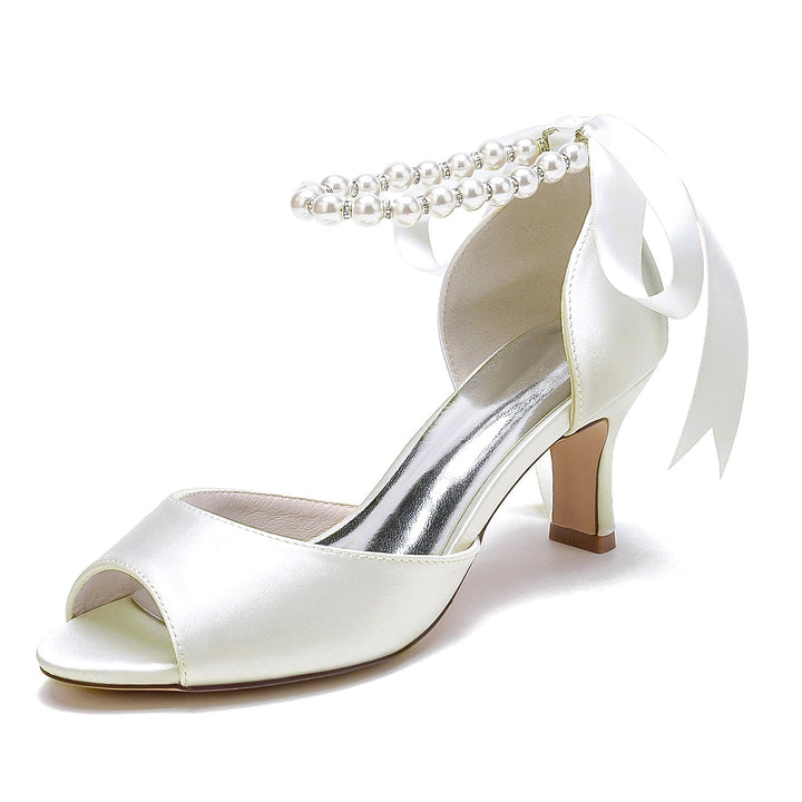 Chaussures de Mariage pour Femmes à Bout Ouvert et Talon Mi-Haut avec Perles