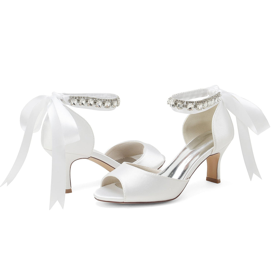 Chaussures de Mariage pour Femmes à Bout Ouvert et Talon Moyen avec Boucle et Nœud en Strass