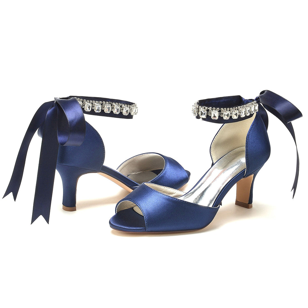Chaussures de Mariage pour Femmes à Bout Ouvert et Talon Moyen avec Boucle et Nœud en Strass