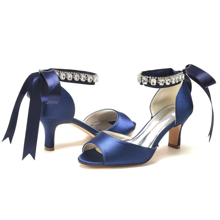 Chaussures de Mariage pour Femmes à Bout Ouvert et Talon Moyen avec Boucle et Nœud en Strass