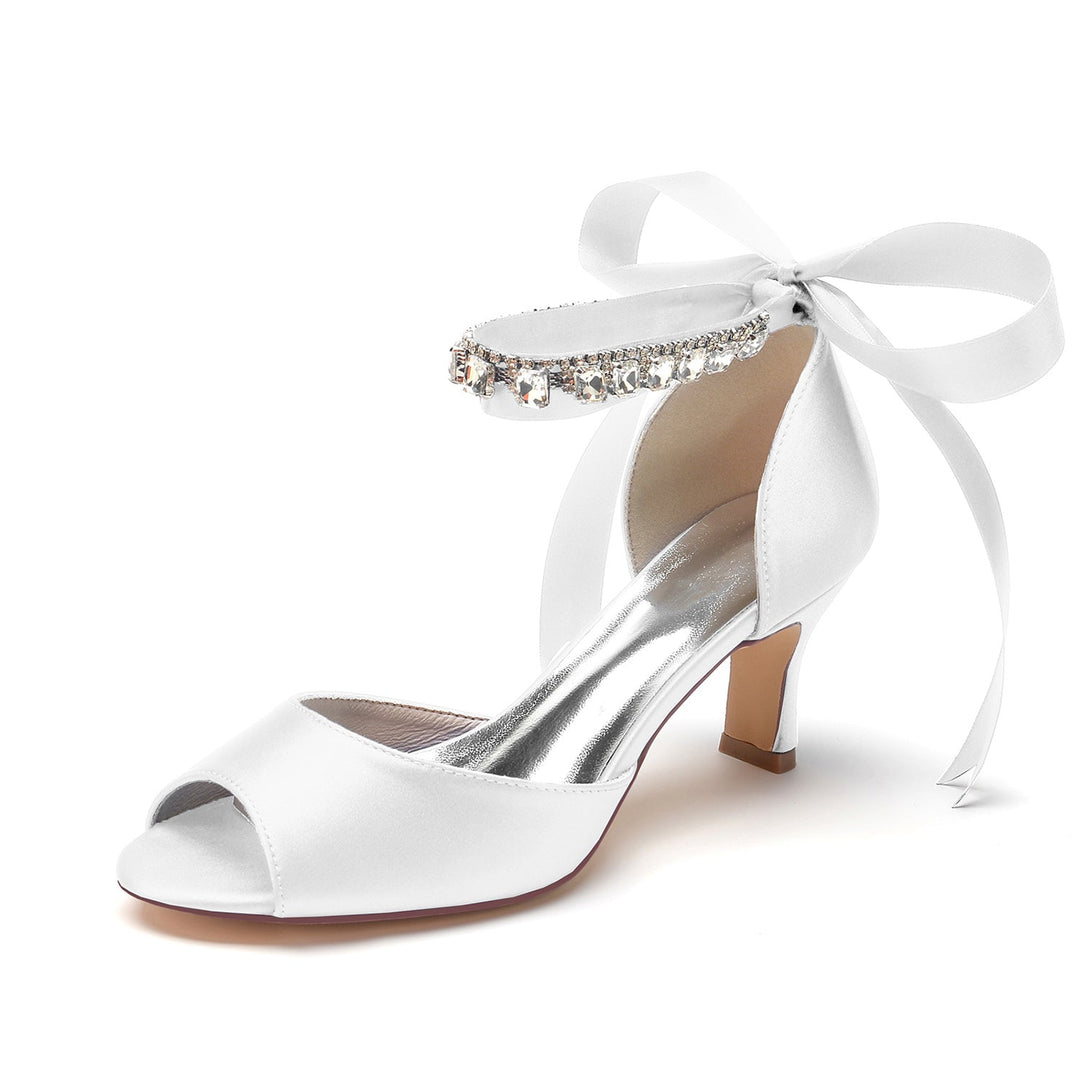 Chaussures de Mariage pour Femmes à Bout Ouvert et Talon Moyen avec Boucle et Nœud en Strass