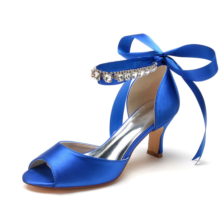 Chaussures de Mariage pour Femmes à Bout Ouvert et Talon Moyen avec Boucle et Nœud en Strass