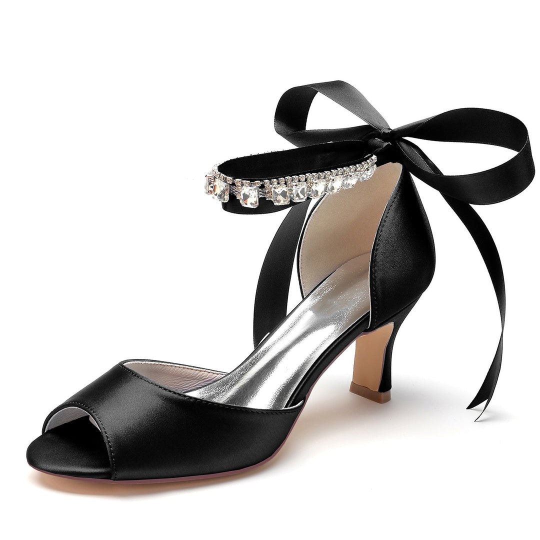 Chaussures de Mariage pour Femmes à Bout Ouvert et Talon Moyen avec Boucle et Nœud en Strass