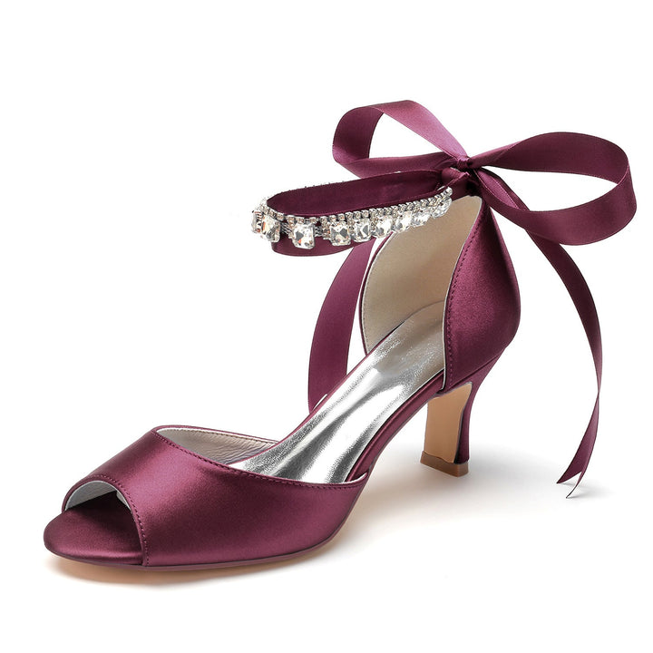 Chaussures de Mariage pour Femmes à Bout Ouvert et Talon Moyen avec Boucle et Nœud en Strass