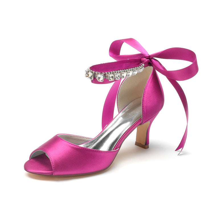 Chaussures de Mariage pour Femmes à Bout Ouvert et Talon Moyen avec Boucle et Nœud en Strass