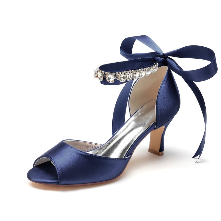 Chaussures de Mariage pour Femmes à Bout Ouvert et Talon Moyen avec Boucle et Nœud en Strass