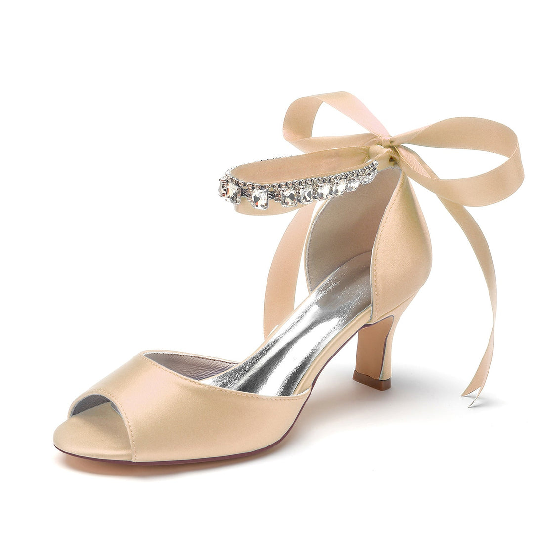 Chaussures de Mariage pour Femmes à Bout Ouvert et Talon Moyen avec Boucle et Nœud en Strass