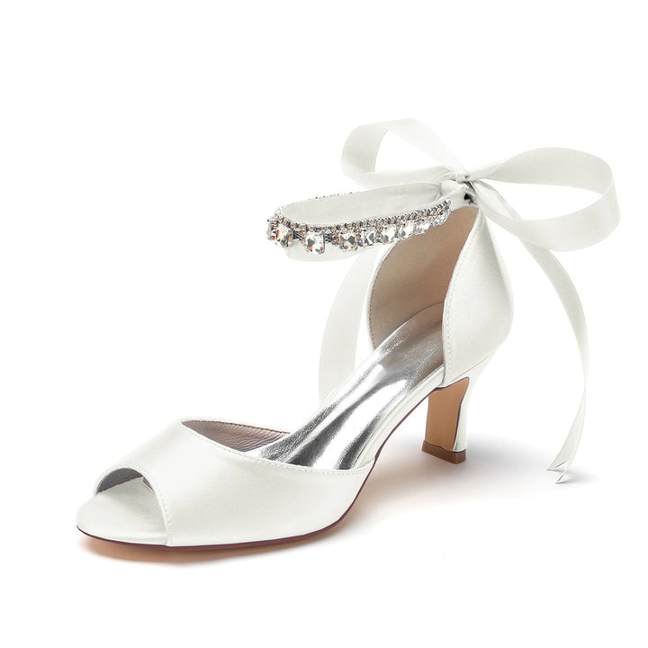 Chaussures de Mariage pour Femmes à Bout Ouvert et Talon Moyen avec Boucle et Nœud en Strass
