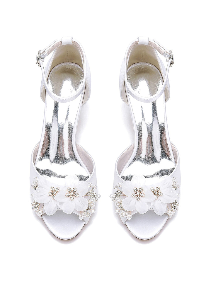 Chaussures de Mariage pour Femmes Fleurs Chaussures de Mariée à Talons Hauts et à Bout Ouvert