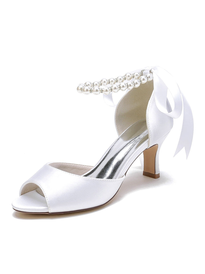 Chaussures de Mariée à Talon Moyen et Bout Ouvert pour Femmes avec Perles