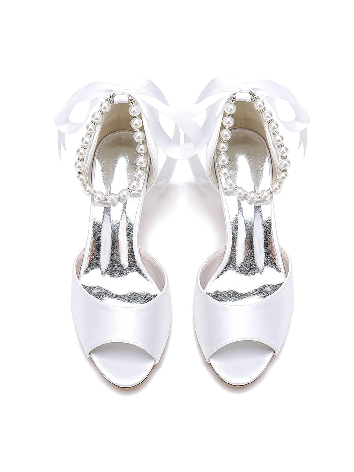 Chaussures de Mariée à Talon Moyen et Bout Ouvert pour Femmes avec Perles