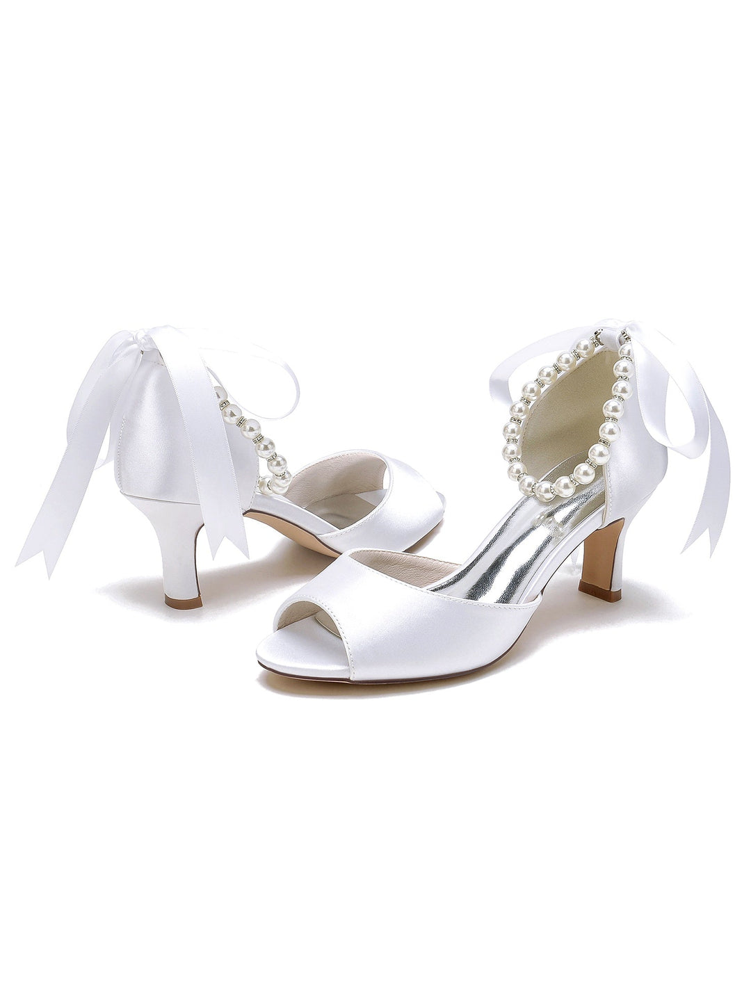 Chaussures de Mariée à Talon Moyen et Bout Ouvert pour Femmes avec Perles