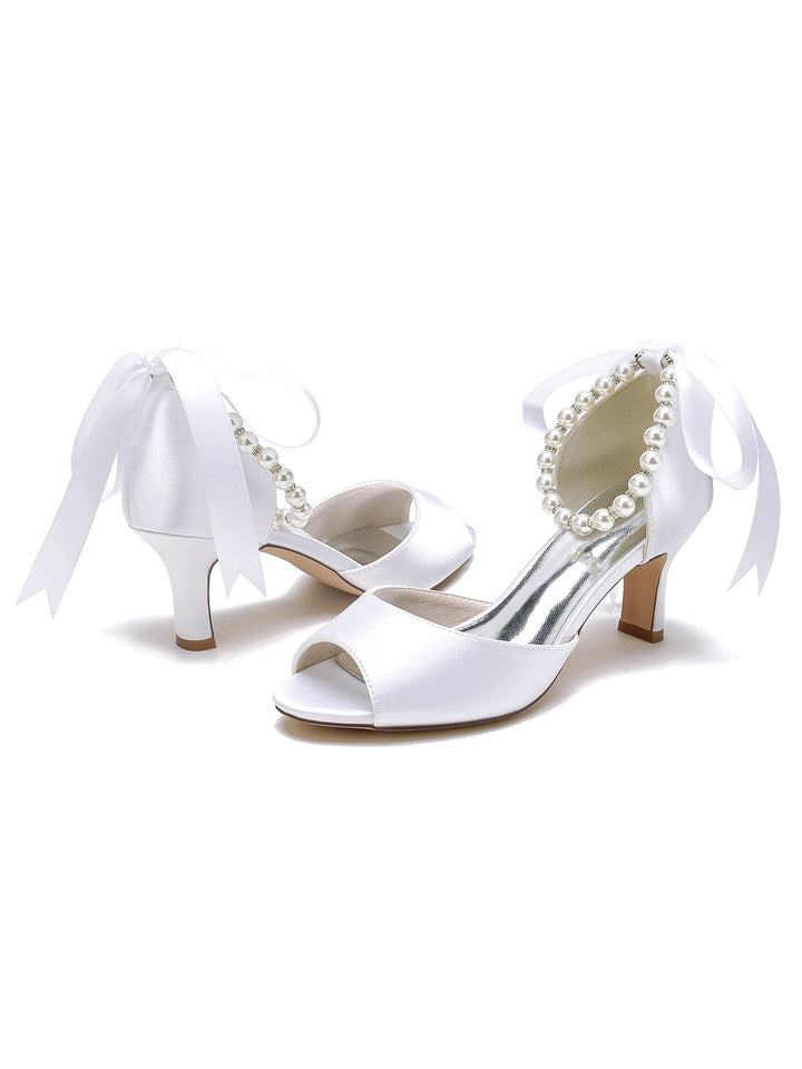 Chaussures de Mariée à Talon Moyen et Bout Ouvert pour Femmes avec Perles