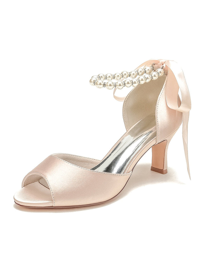 Chaussures de Mariée à Talon Moyen et Bout Ouvert pour Femmes avec Perles