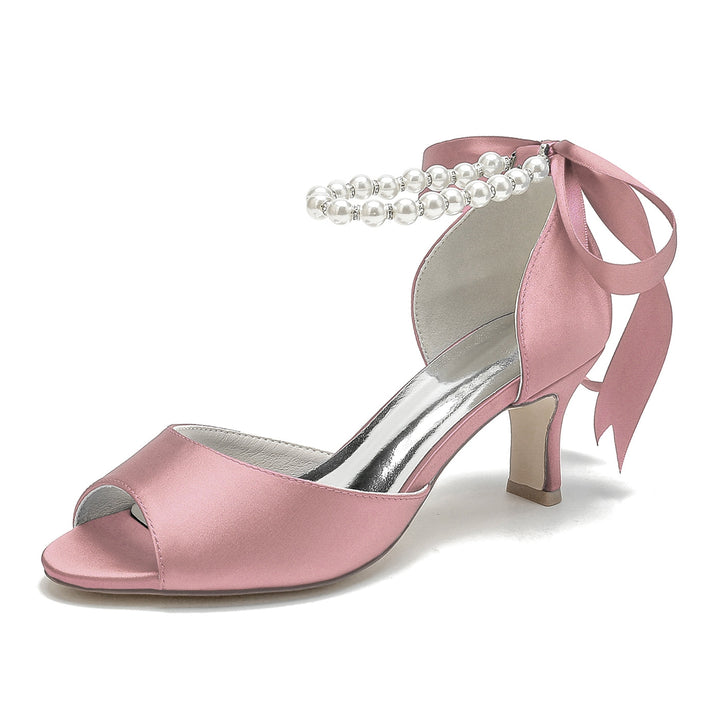 Chaussures de Mariée à Talon Moyen et Bout Ouvert pour Femmes avec Perles