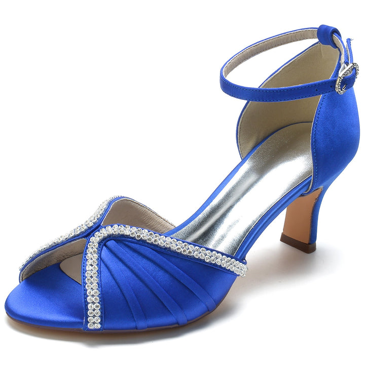 Chaussures de Mariage pour Femmes en Satin de Soie et Cristal, Bout Ouvert, Talon Moyen, Boucle, Chaussures de Mariée