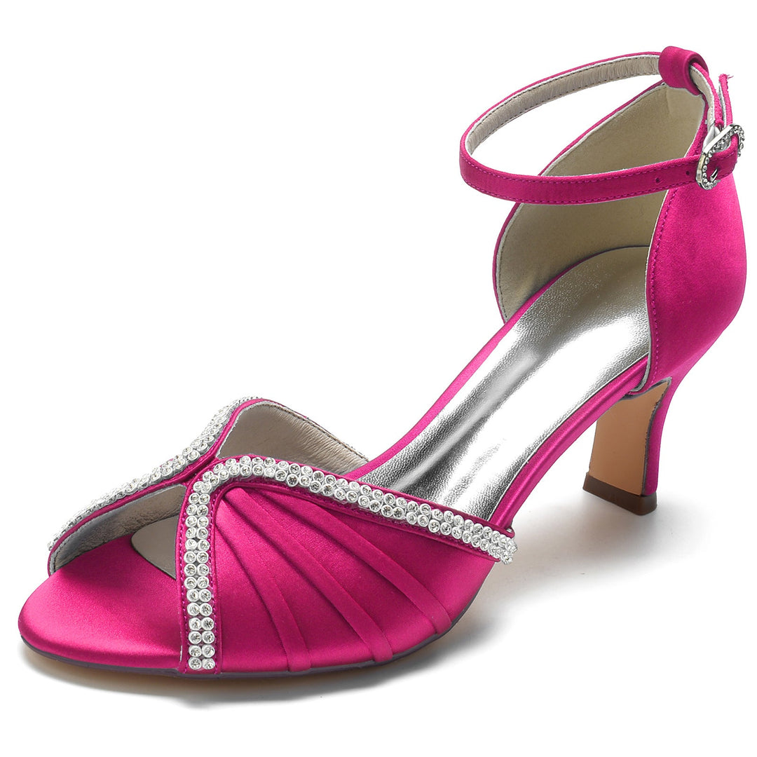 Chaussures de Mariage pour Femmes en Satin de Soie et Cristal, Bout Ouvert, Talon Moyen, Boucle, Chaussures de Mariée