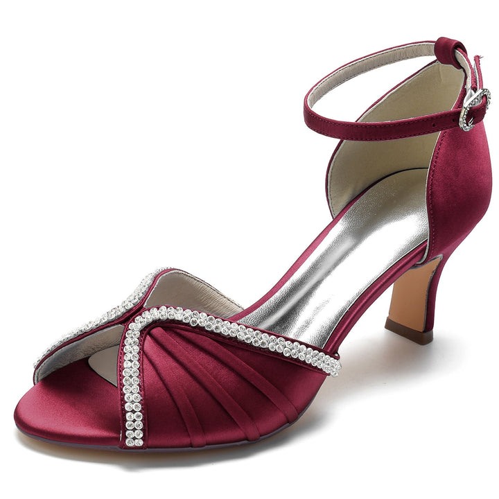 Chaussures de Mariage pour Femmes en Satin de Soie et Cristal, Bout Ouvert, Talon Moyen, Boucle, Chaussures de Mariée
