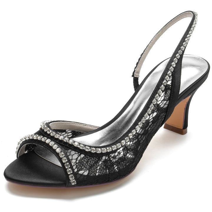 Chaussures de Mariage pour Femmes en Satin de Soie Noir avec Dentelle et Cristal Chaussures de Mariée à Bout Ouvert