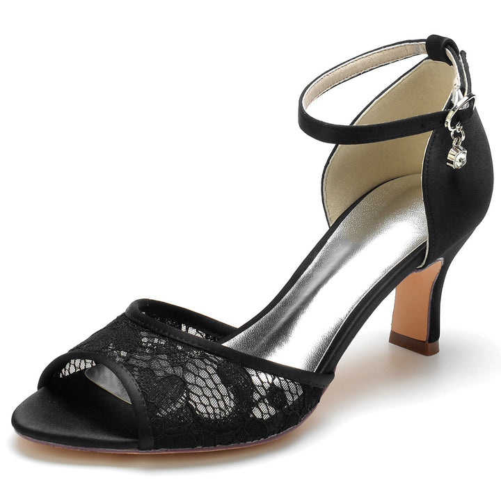 Chaussures de Mariage pour Femmes en Dentelle Strass Talon Moyen Peep Toe Boucle Chaussures de Mariée
