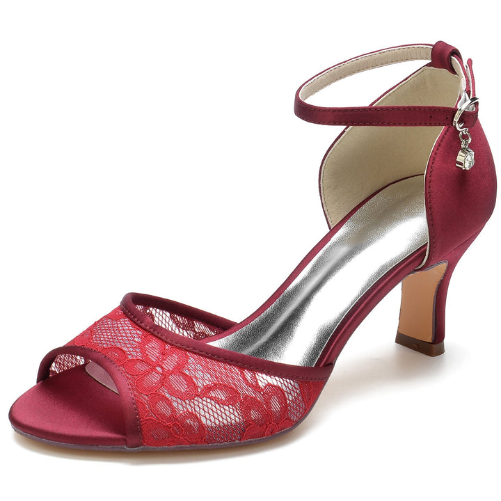 Chaussures de Mariage pour Femmes en Dentelle Strass Talon Moyen Peep Toe Boucle Chaussures de Mariée