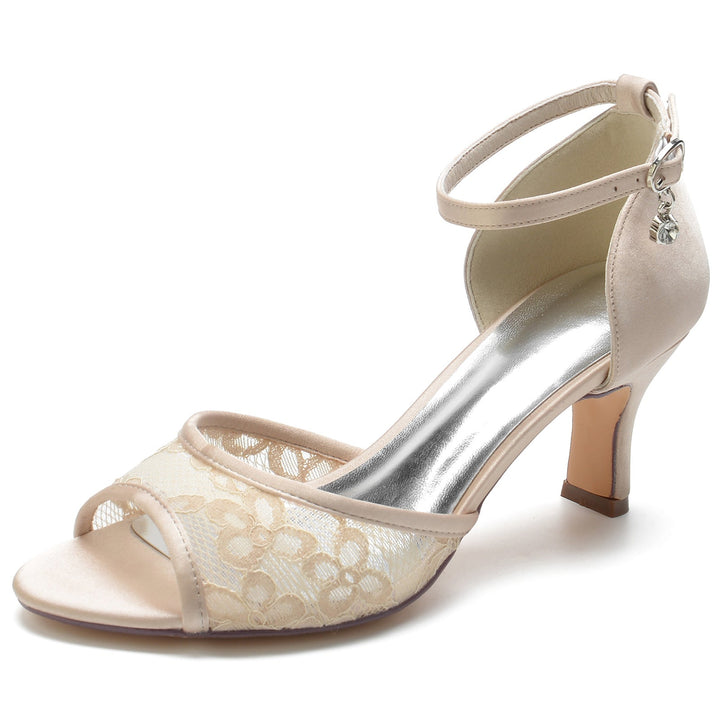 Chaussures de Mariage pour Femmes en Dentelle Strass Talon Moyen Peep Toe Boucle Chaussures de Mariée
