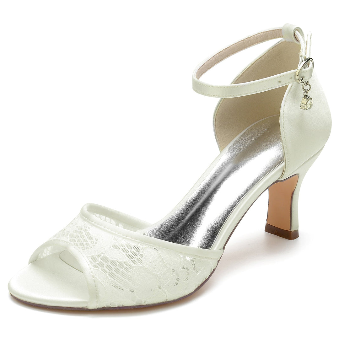 Chaussures de Mariage pour Femmes en Dentelle Strass Talon Moyen Peep Toe Boucle Chaussures de Mariée
