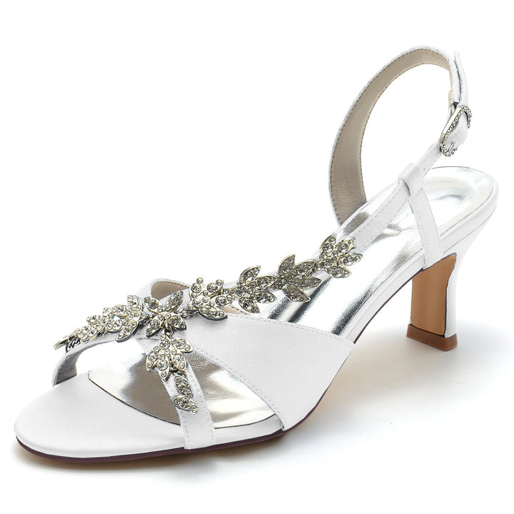 Chaussures de Mariage pour Femmes avec Strass Délicats et Talon Moyen et Boucle à Bout Ouvert