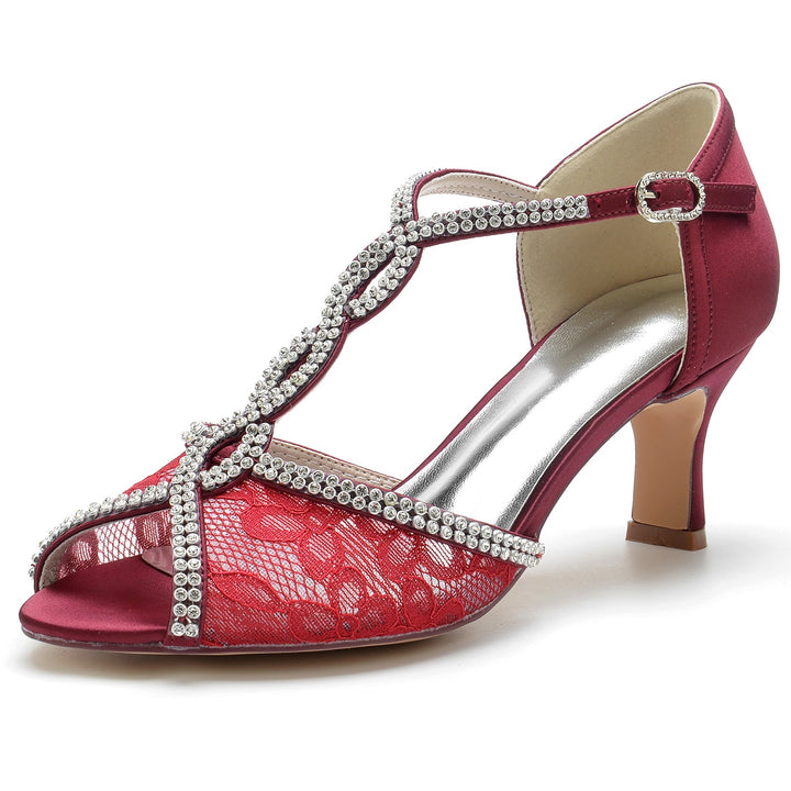 Chaussures de Mariage pour Femmes en Dentelle avec Mini Lanières en Cristal et Bout Ouvert et Boucle