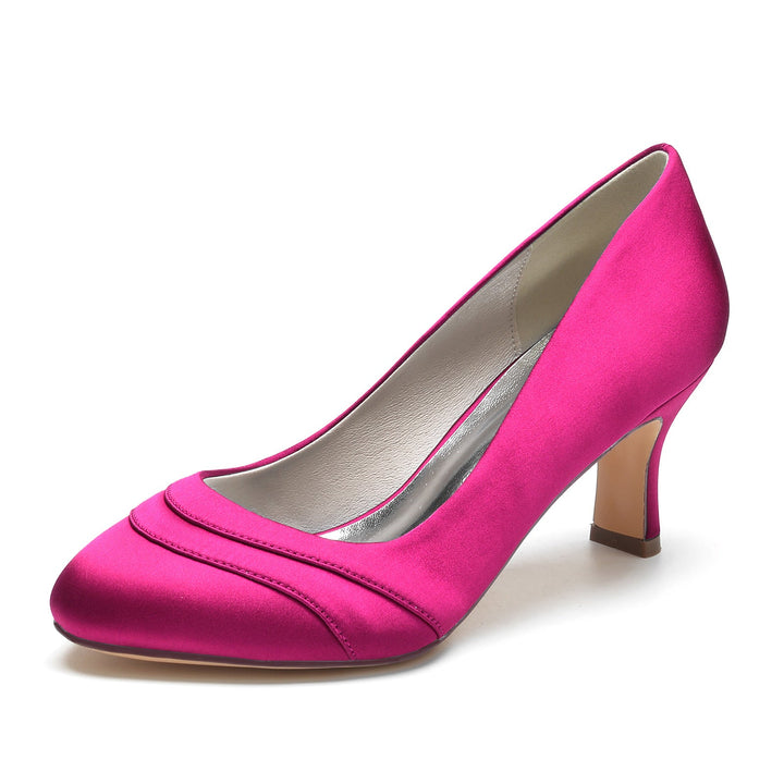 Chaussures de Mariage pour Femmes en Satin de Soie Ondulé à Talon Moyen et Bout Rond