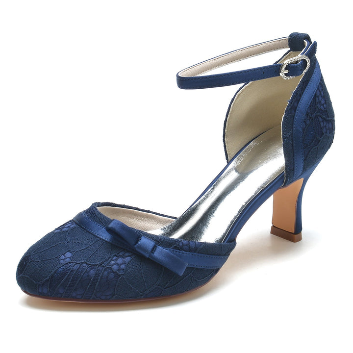 Chaussures de Mariage pour Femmes avec Appliques en Dentelle et Nœud, Talon Moyen, Bout Rond, Boucle, Chaussures de Mariée