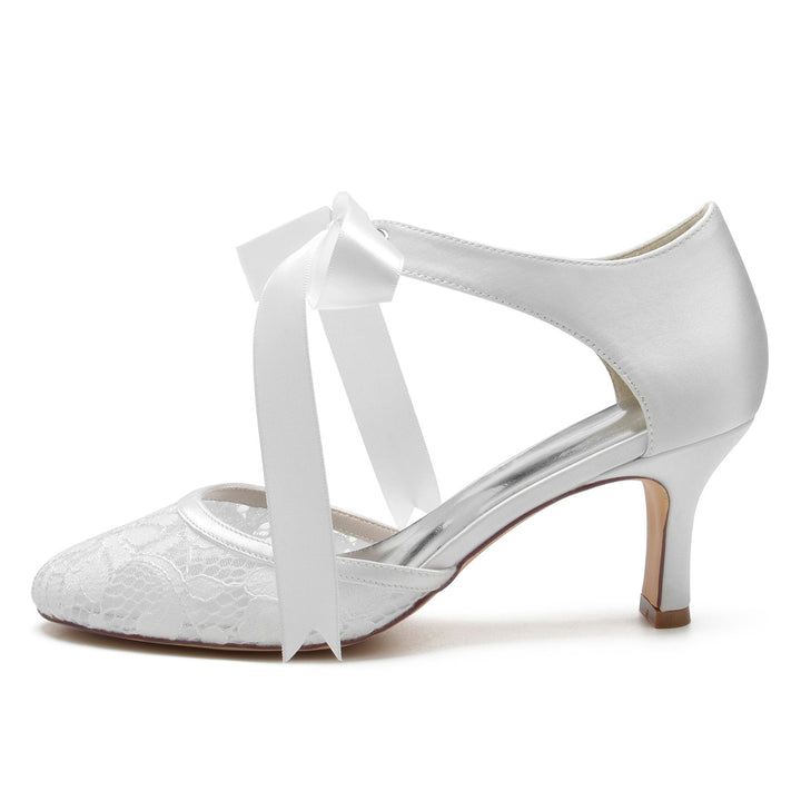 Chaussures de Mariage pour Femmes en Dentelle à Bout Rond et Nœud avec Bride à la Cheville