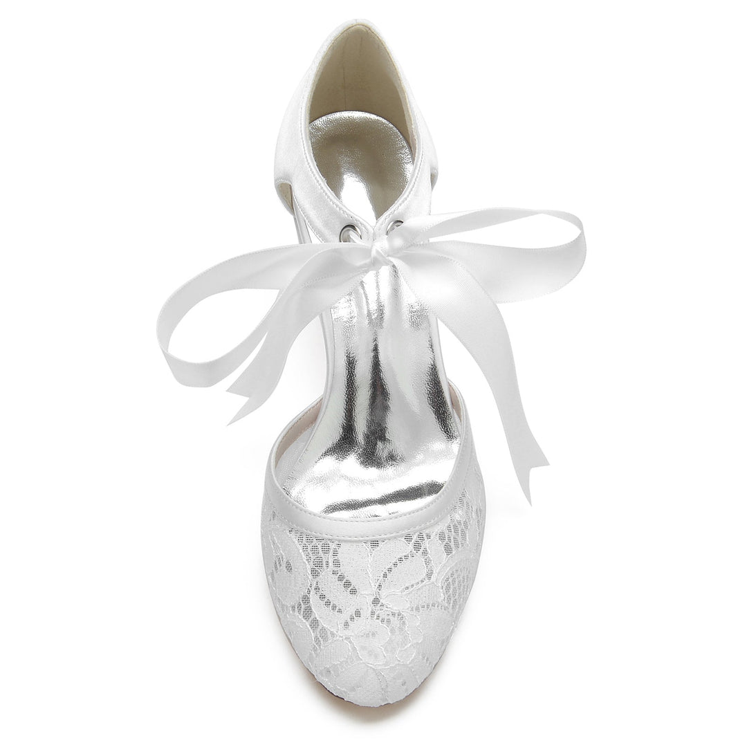 Chaussures de Mariage pour Femmes en Dentelle à Bout Rond et Nœud avec Bride à la Cheville