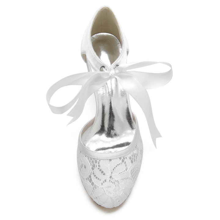 Chaussures de Mariage pour Femmes en Dentelle à Bout Rond et Nœud avec Bride à la Cheville