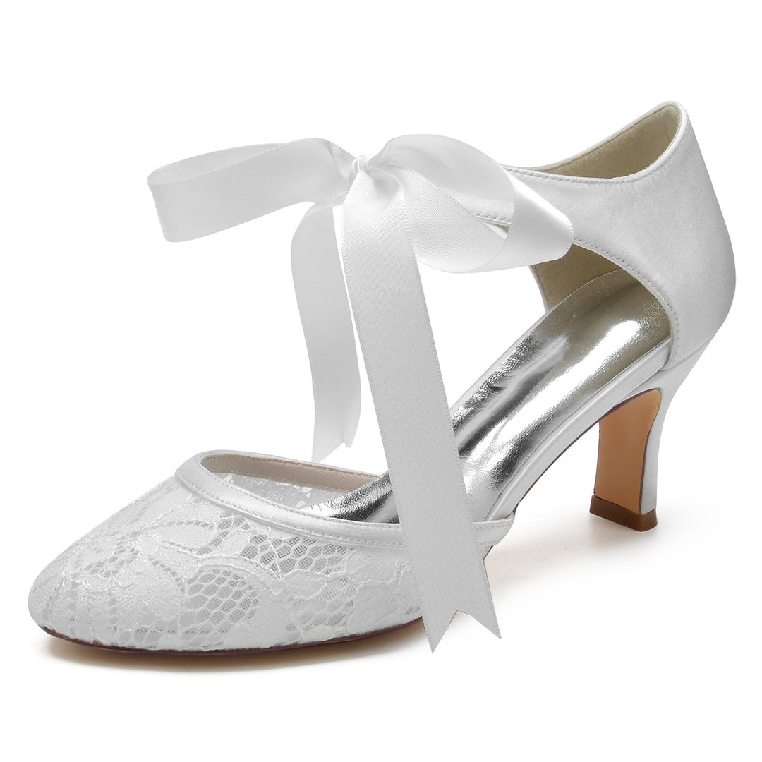 Chaussures de Mariage pour Femmes en Dentelle à Bout Rond et Nœud avec Bride à la Cheville
