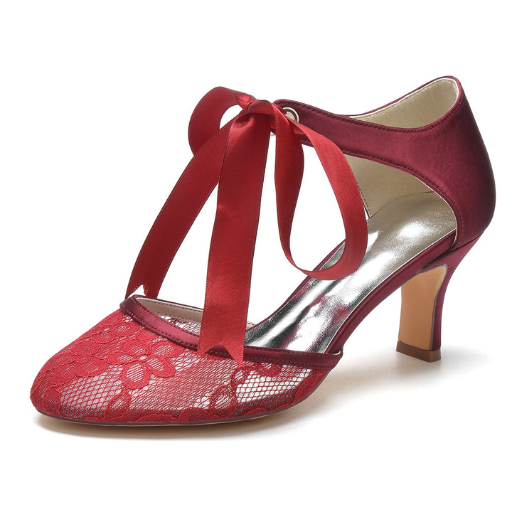 Chaussures de Mariage pour Femmes en Dentelle à Bout Rond et Nœud avec Bride à la Cheville