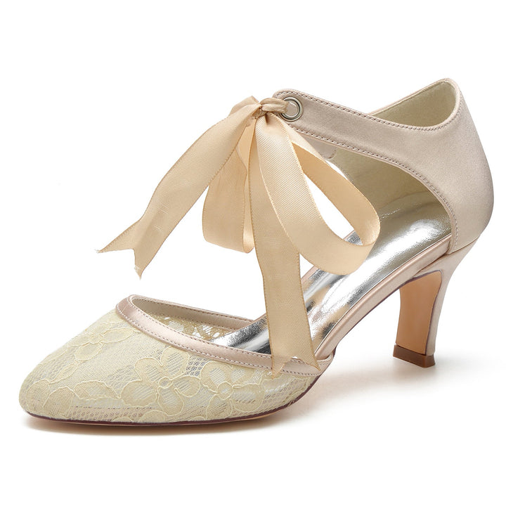 Chaussures de Mariage pour Femmes en Dentelle à Bout Rond et Nœud avec Bride à la Cheville