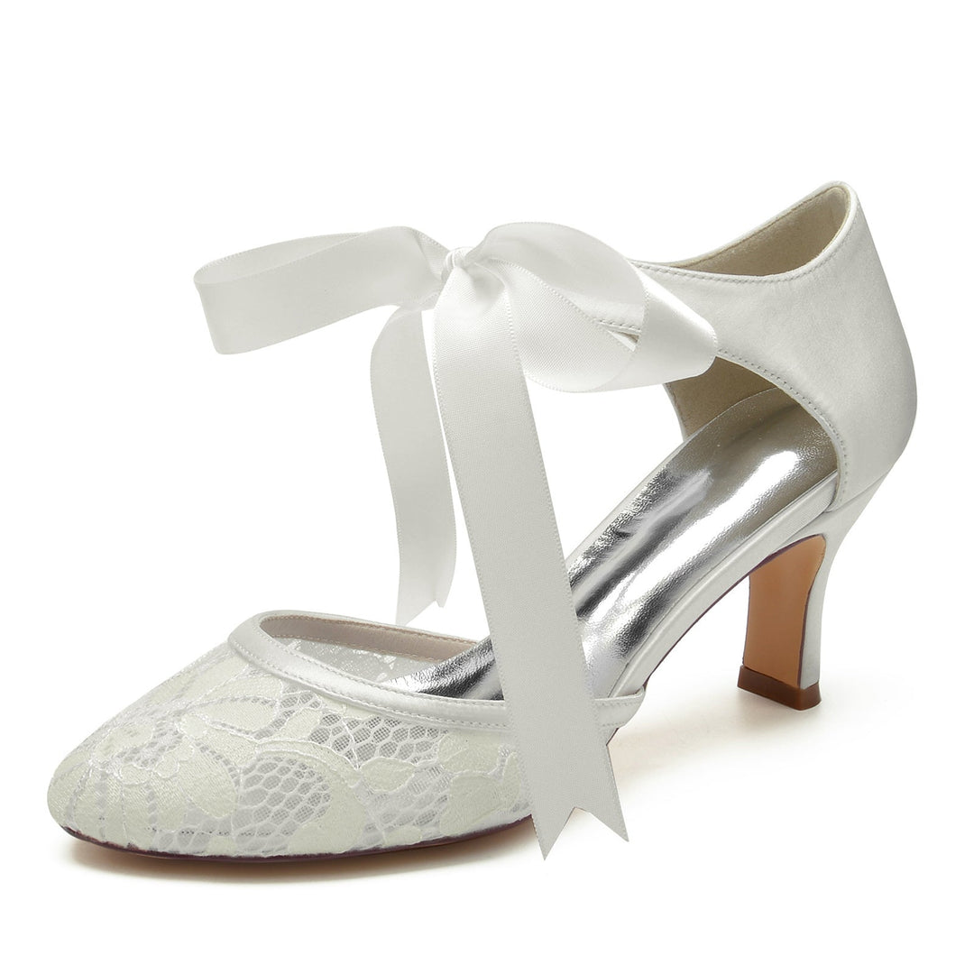 Chaussures de Mariage pour Femmes en Dentelle à Bout Rond et Nœud avec Bride à la Cheville