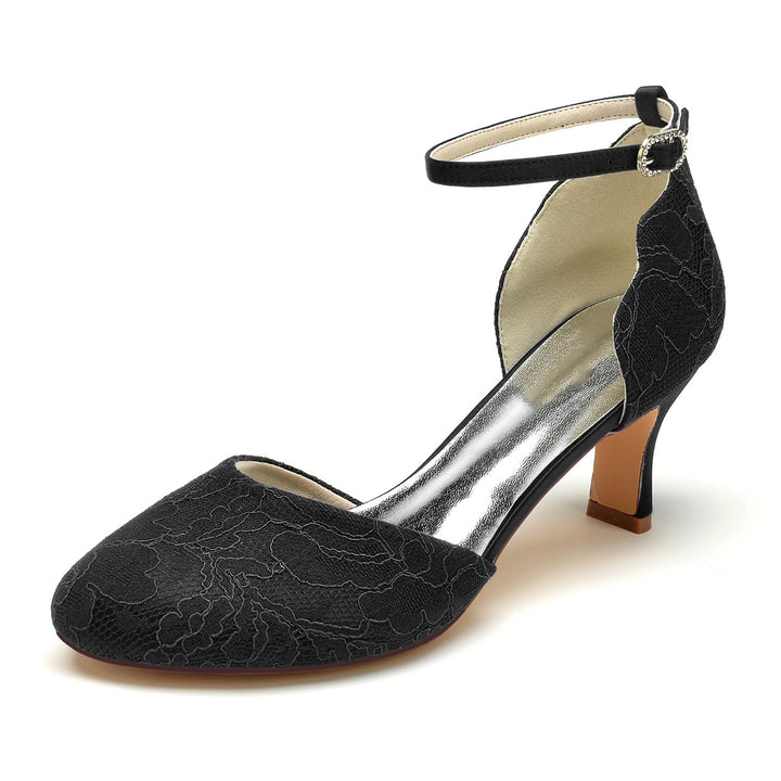Chaussures de Mariage pour Femmes avec Appliques en Dentelle, Talon Moyen, Bout Fermé, Boucle, Chaussures de Mariée